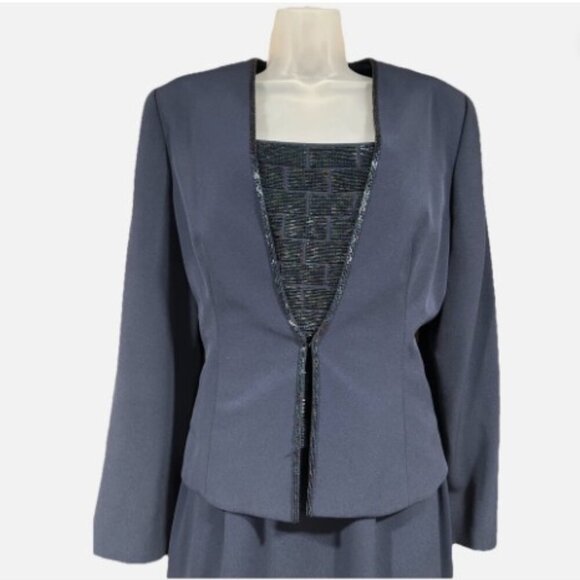 DAYMOR Couture Column Gown w/ Jacket Mother of Bride/Groom Blue Beaded Size 10 - Picture 7 of 16